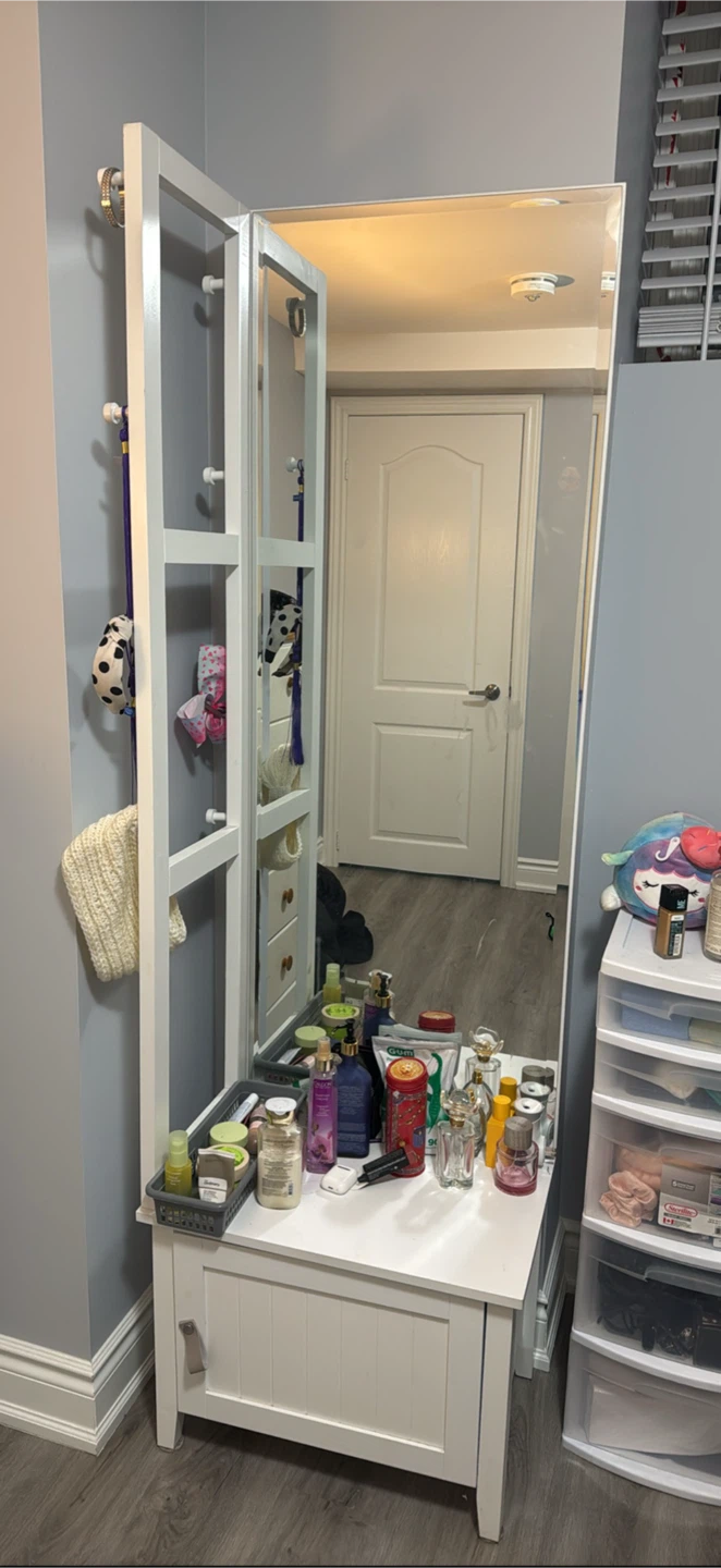 White Vanity Mirror with Storage and Hooks