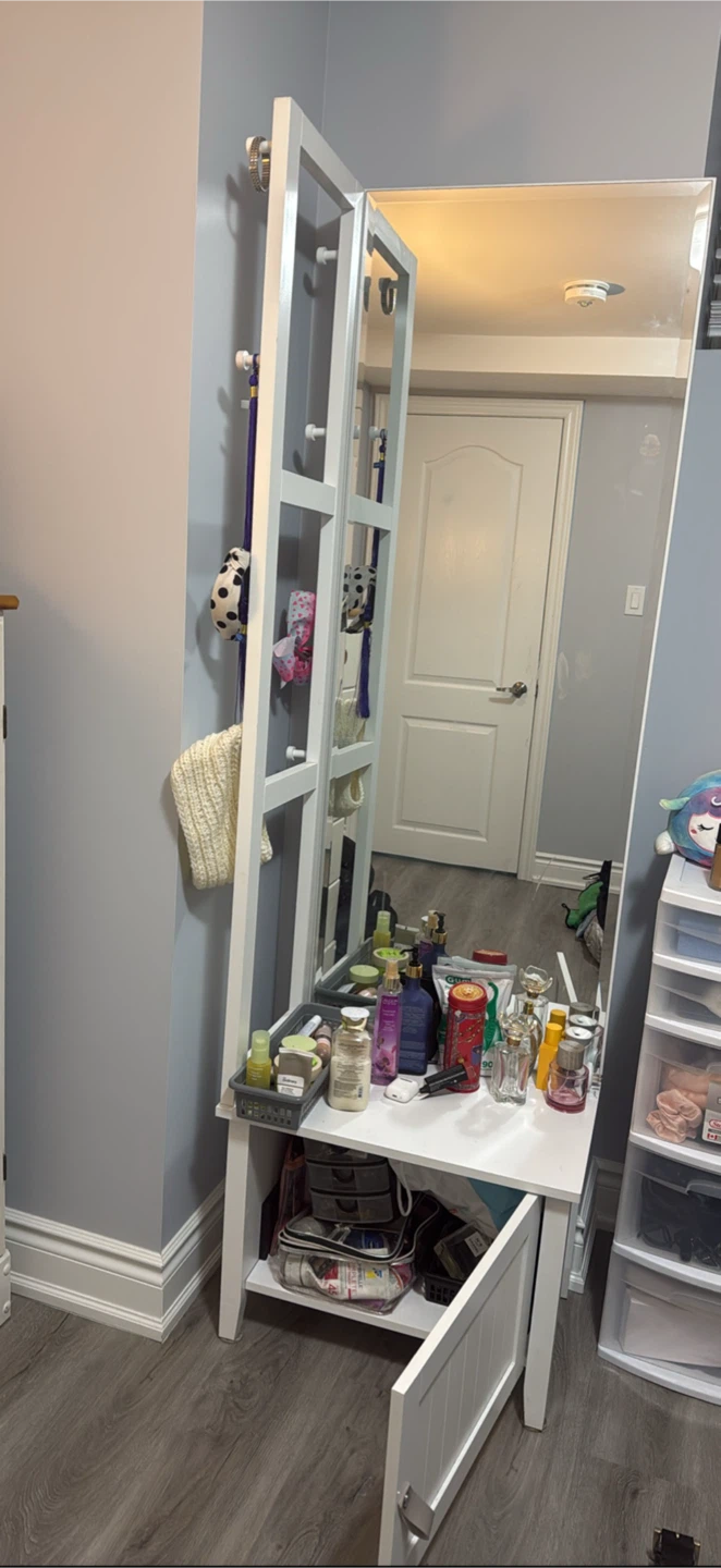 White Vanity Mirror with Storage and Hooks - photo 2