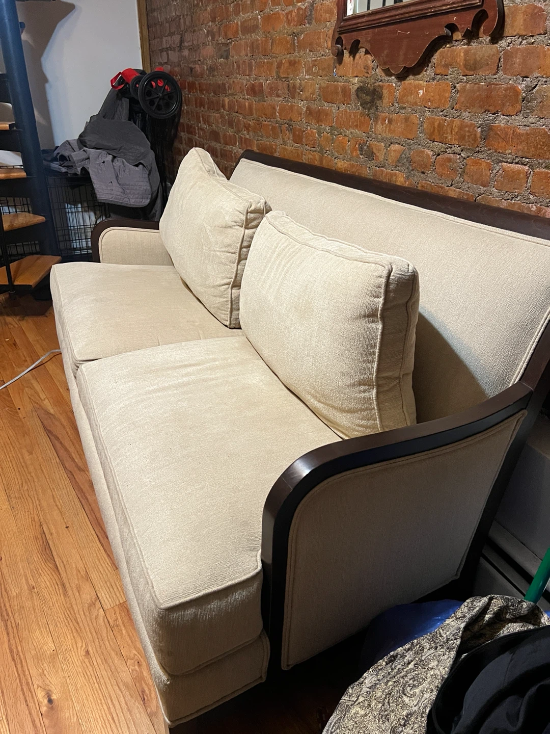 Beige Two-Seater Sofa with Dark Wood Frame - photo 2