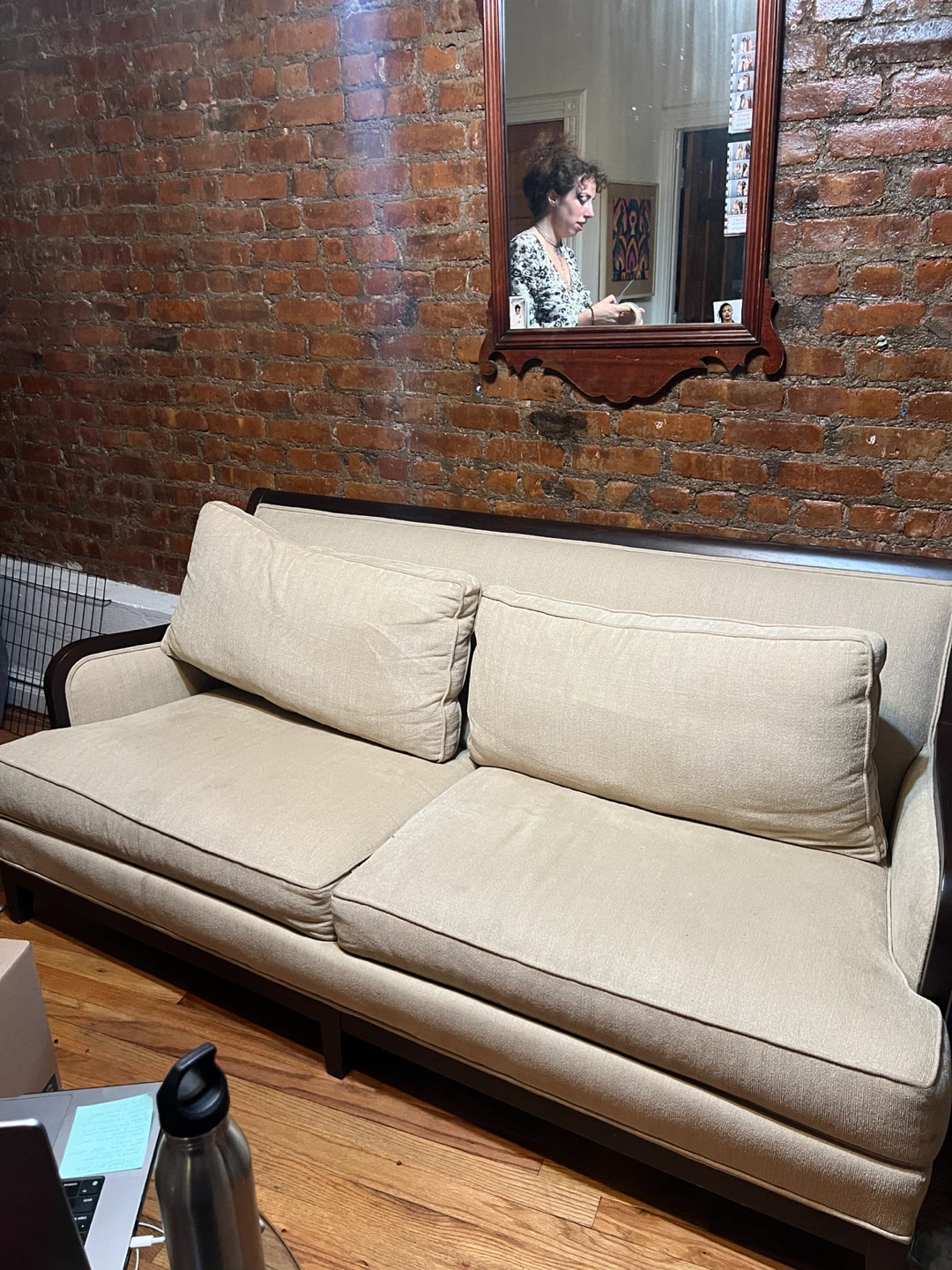 Beige Two-Seater Sofa with Dark Wood Frame - photo 3