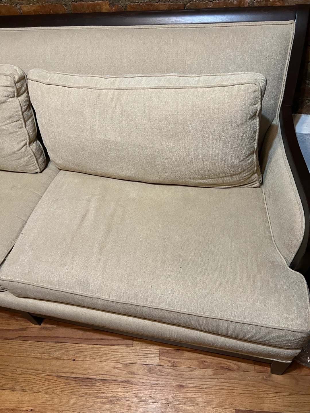 Beige Two-Seater Sofa with Dark Wood Frame - photo 4