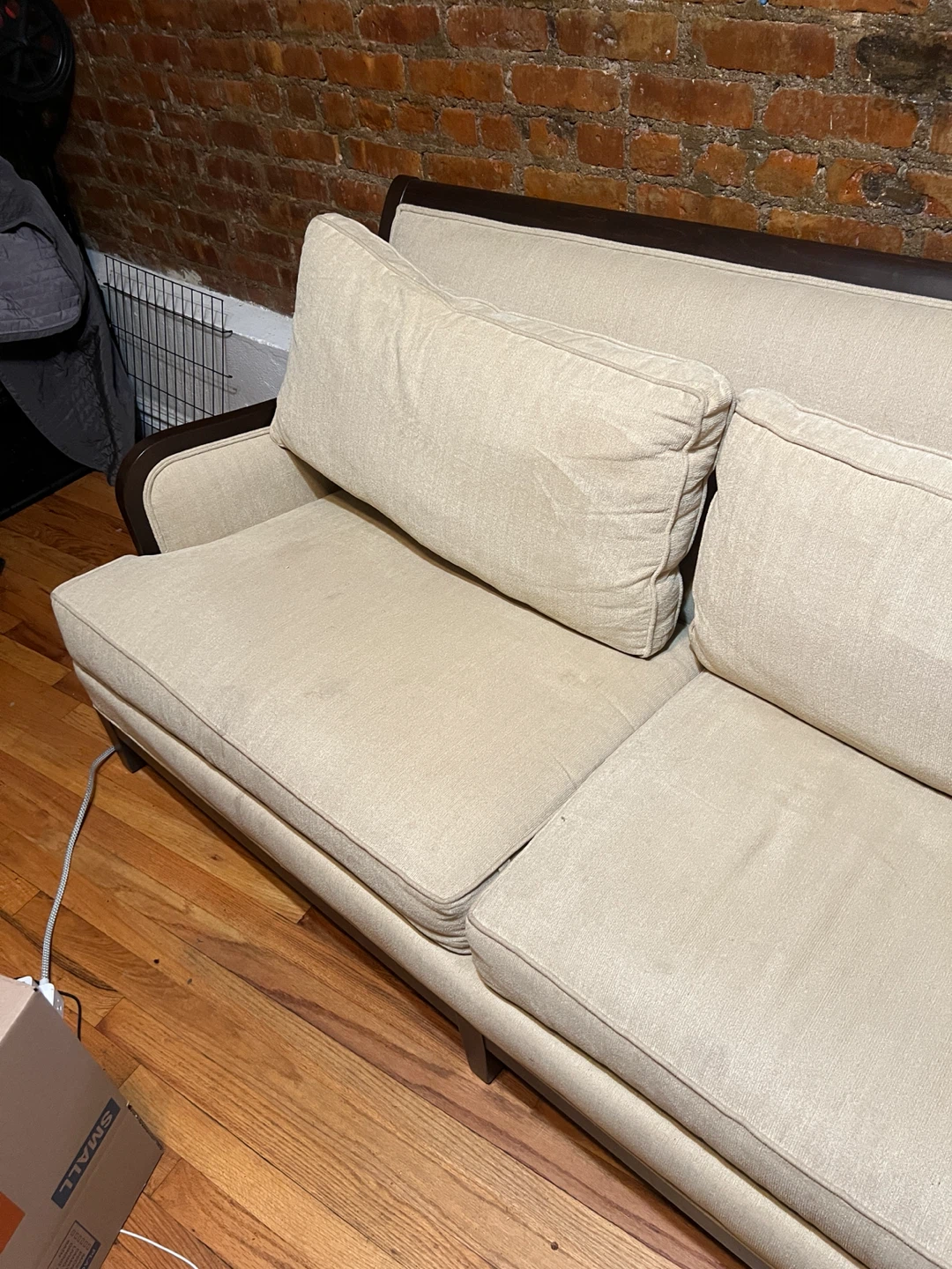 Beige Two-Seater Sofa with Dark Wood Frame - photo 5