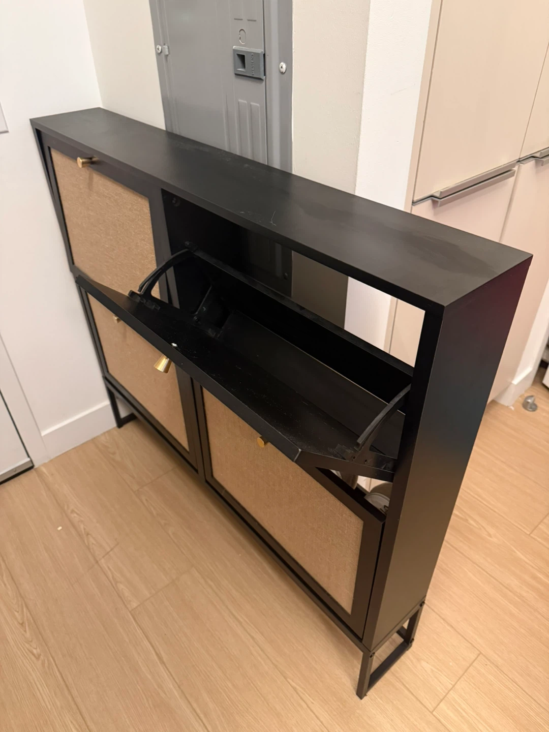 Black slim shoe cabinet, 4 flip bins, rattan look