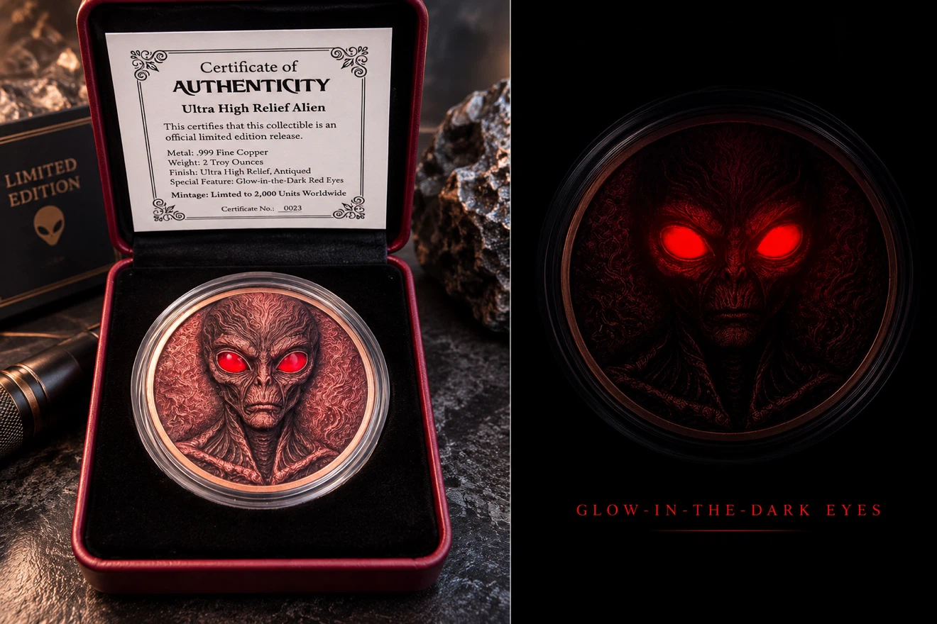 Glow in the Dark Red Eyes Alien 2 Troy Ounce Copper Coin