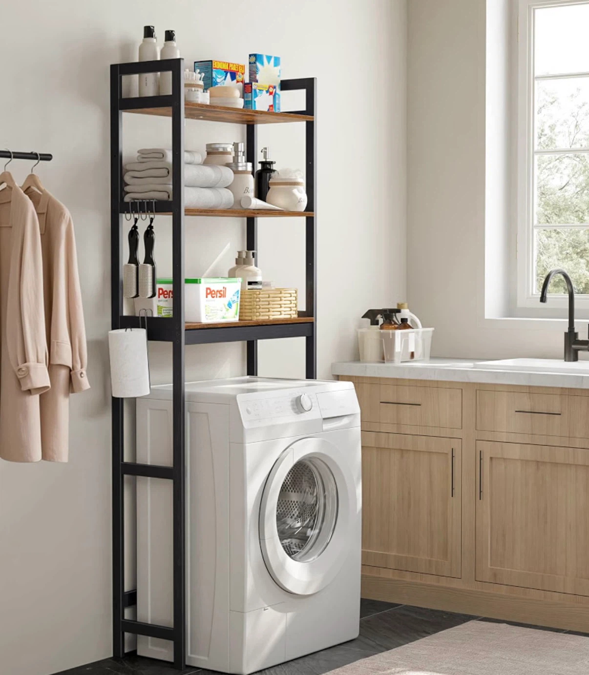 3-Tier Over Toilet Shelf – Black Metal + Woo