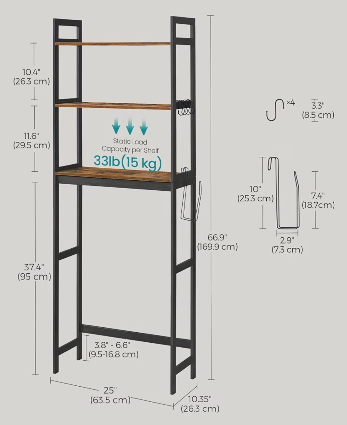 3-Tier Over Toilet Shelf – Black Metal + Woo - photo 2