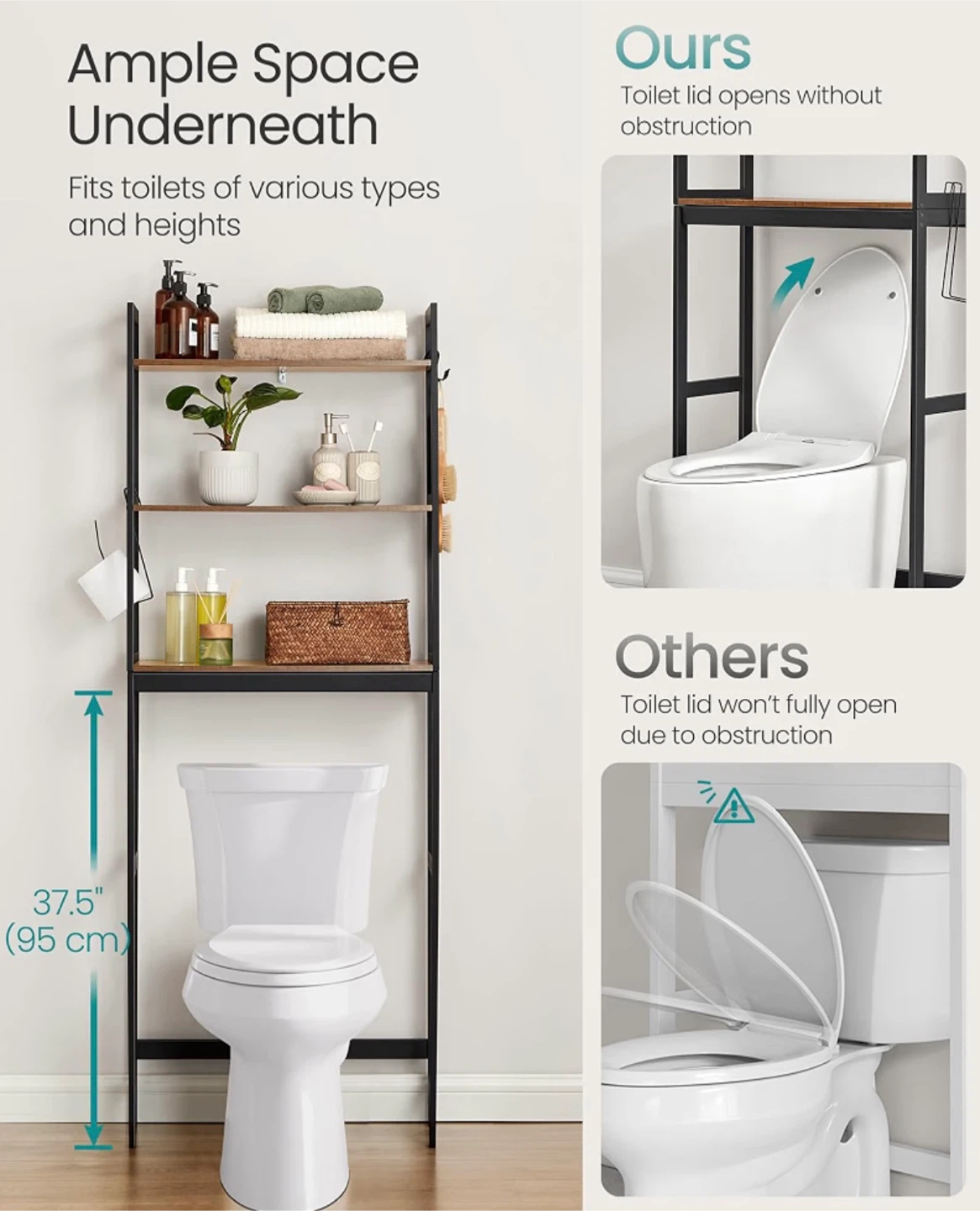 3-Tier Over Toilet Shelf – Black Metal + Woo - photo 5