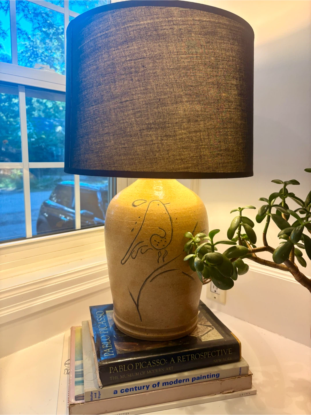 Vintage Stoneware Table Lamp with Bird Motif
