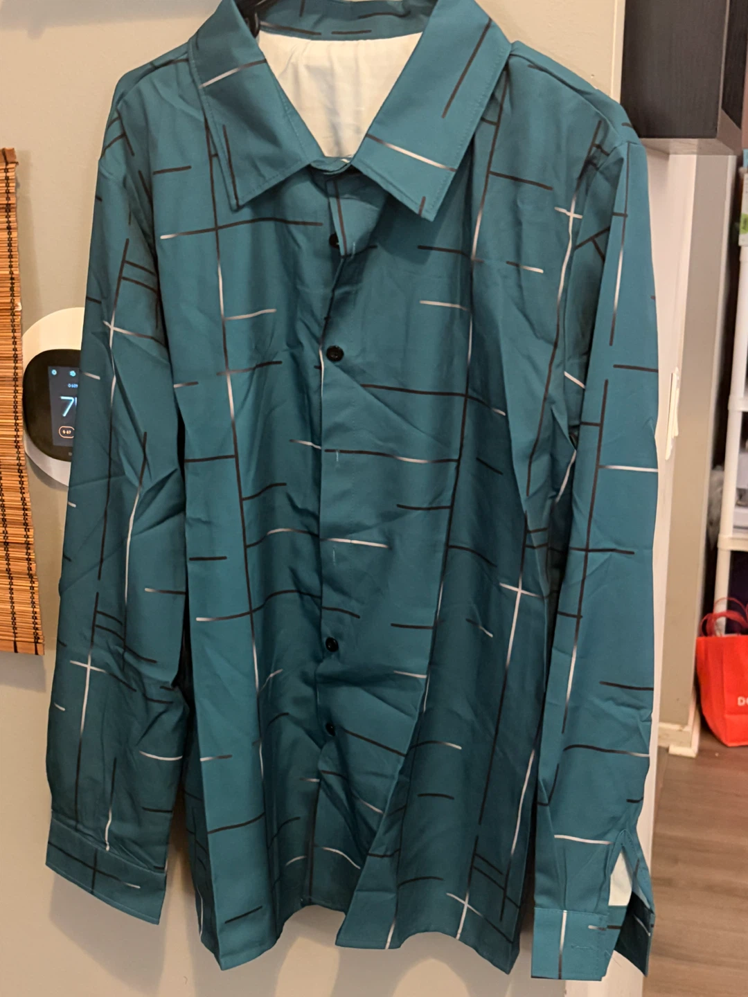 Men's Teal Grid Pattern Button-Up Dress Shirt - Size L - photo 5