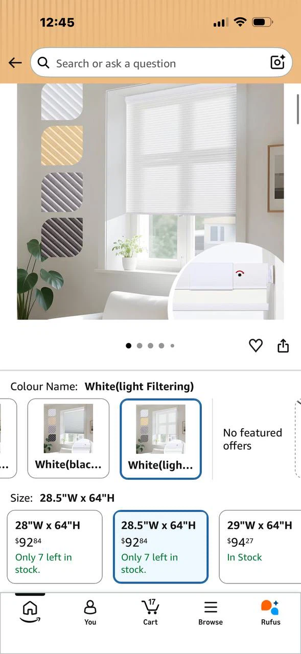 H984) Persilux No-Drill Cellular Shade 28.5” × 64” – White – New