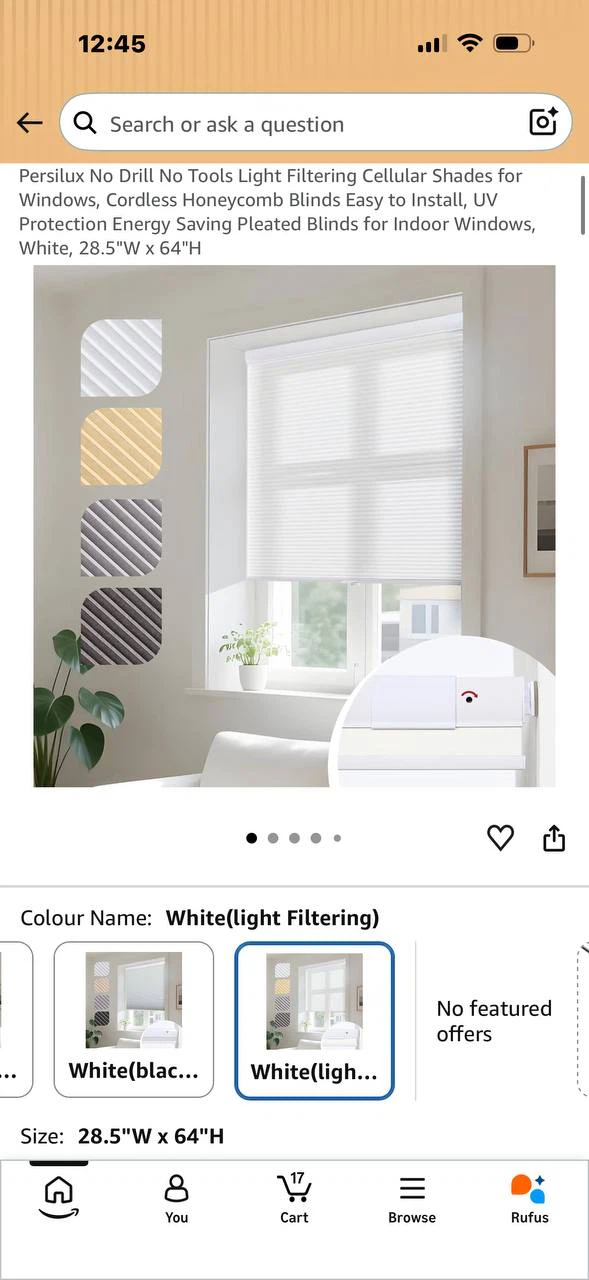 H984) Persilux No-Drill Cellular Shade 28.5” × 64” – White – New - photo 2