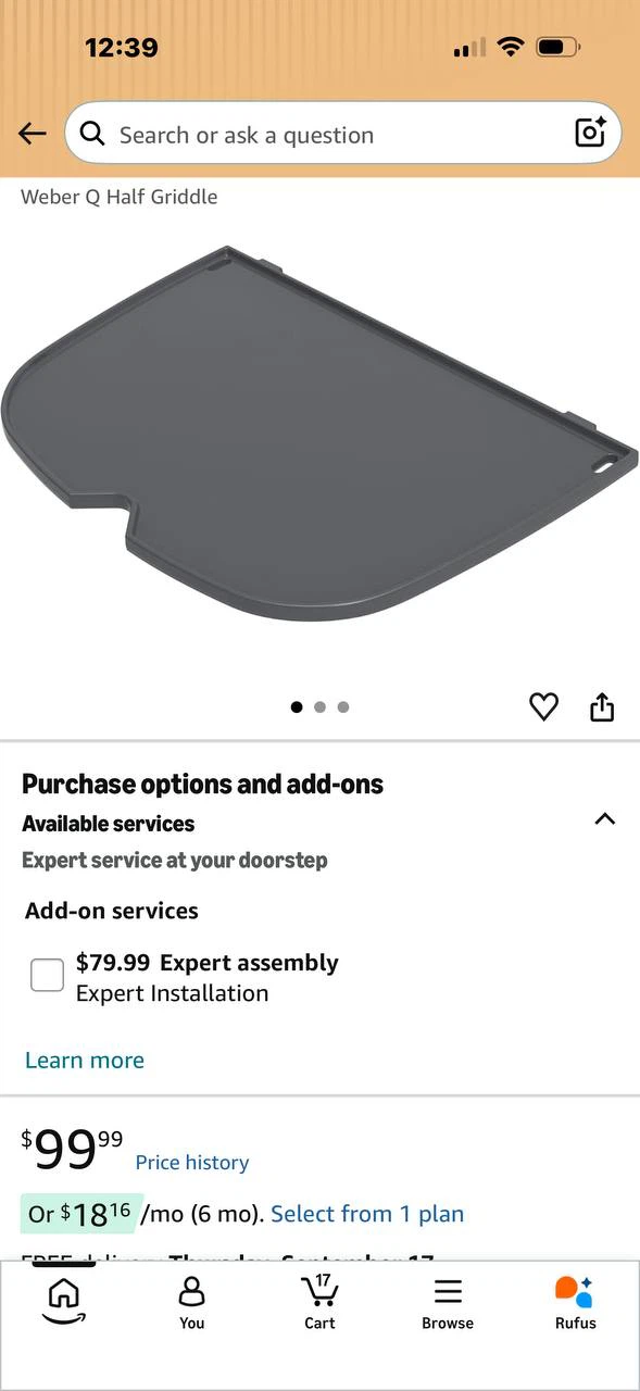 H983) Weber Q Half Griddle – New – $65