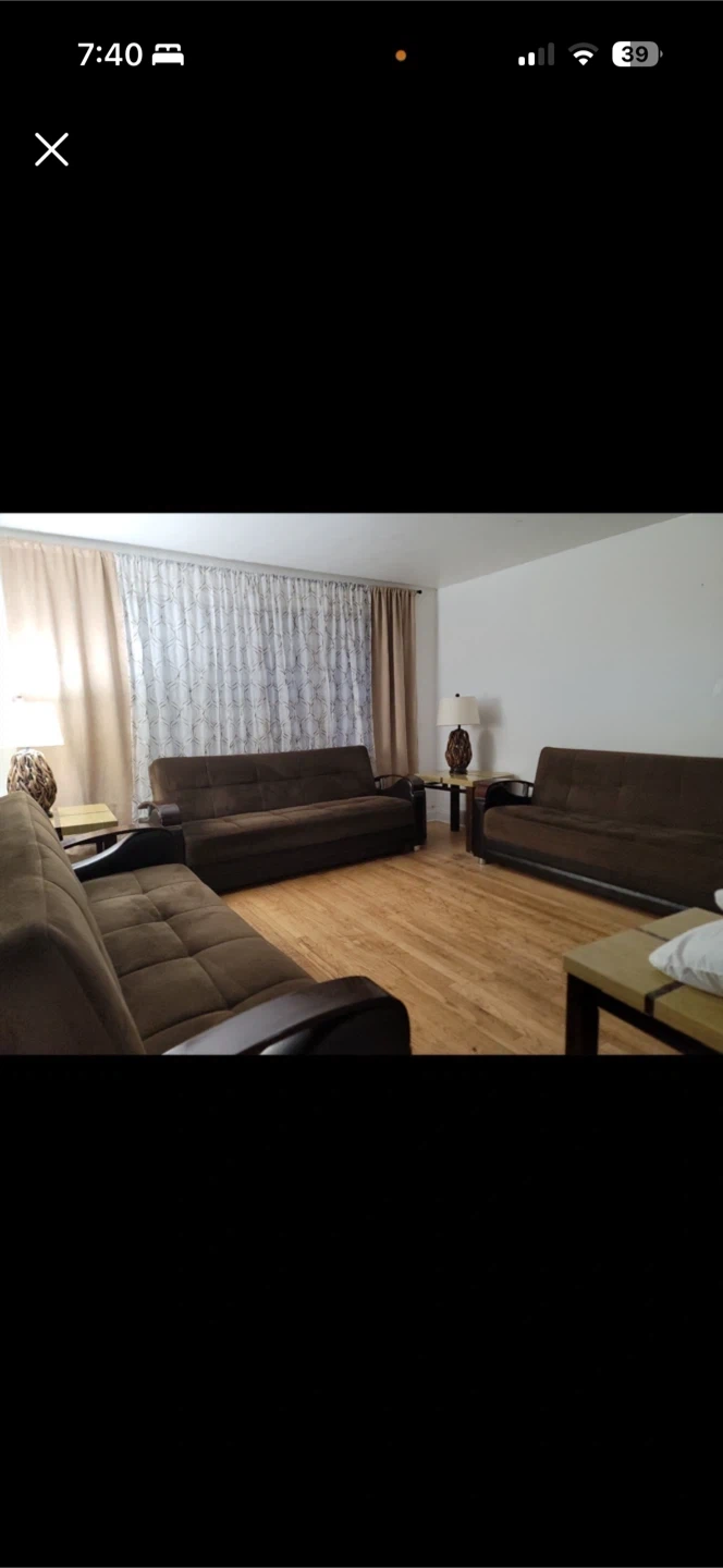 Set of Brown Futons and Glass Side Tables