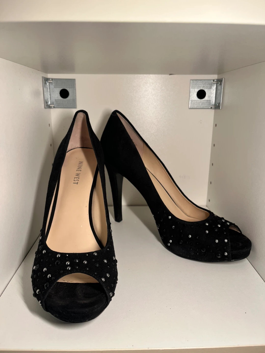 Nine West Black Suede Peep-Toe Heels