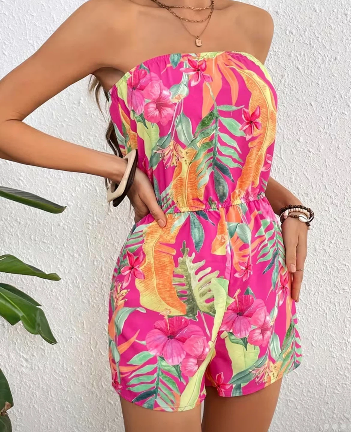 Pink Tropical Print Strapless Romper - photo 3