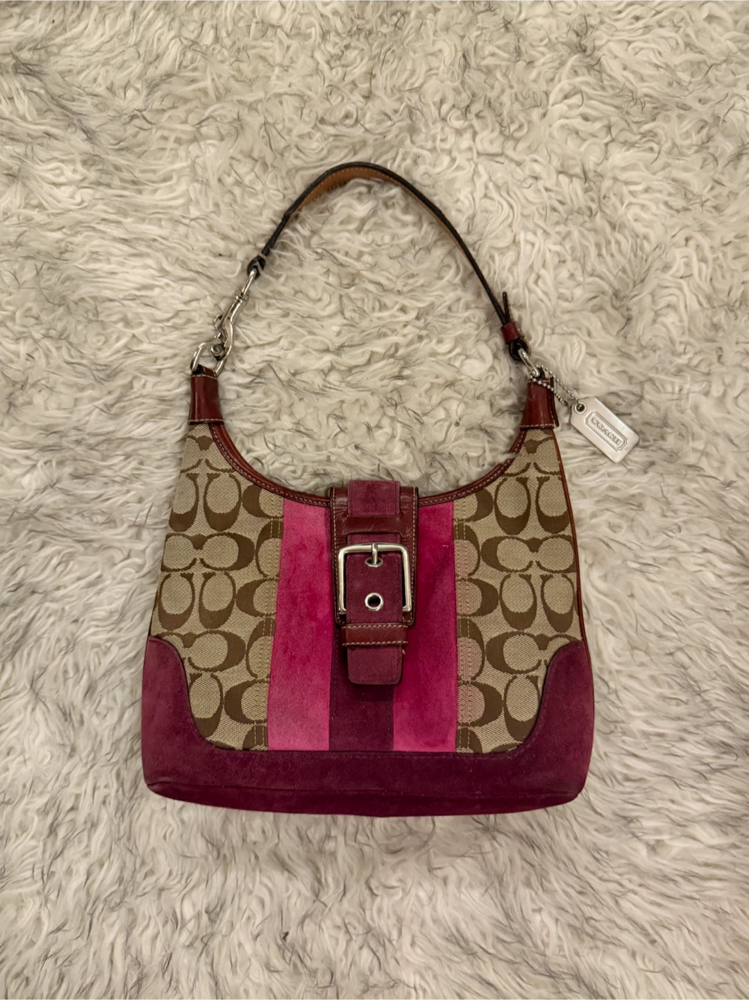 Coach Hobo Signature Suede Shoulder Bag - Raspberry / Khaki