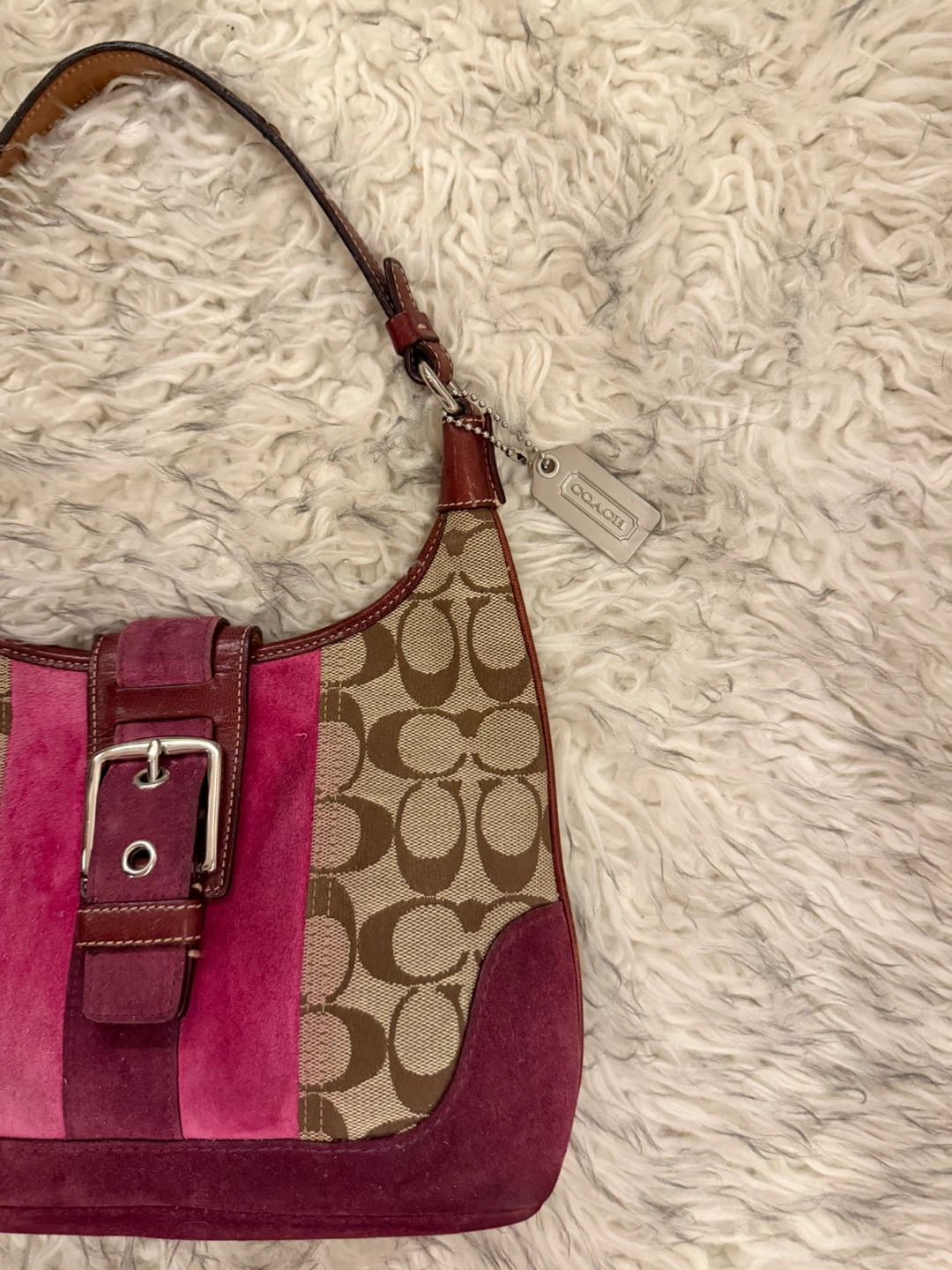 Coach Hobo Signature Suede Shoulder Bag - Raspberry / Khaki - photo 2