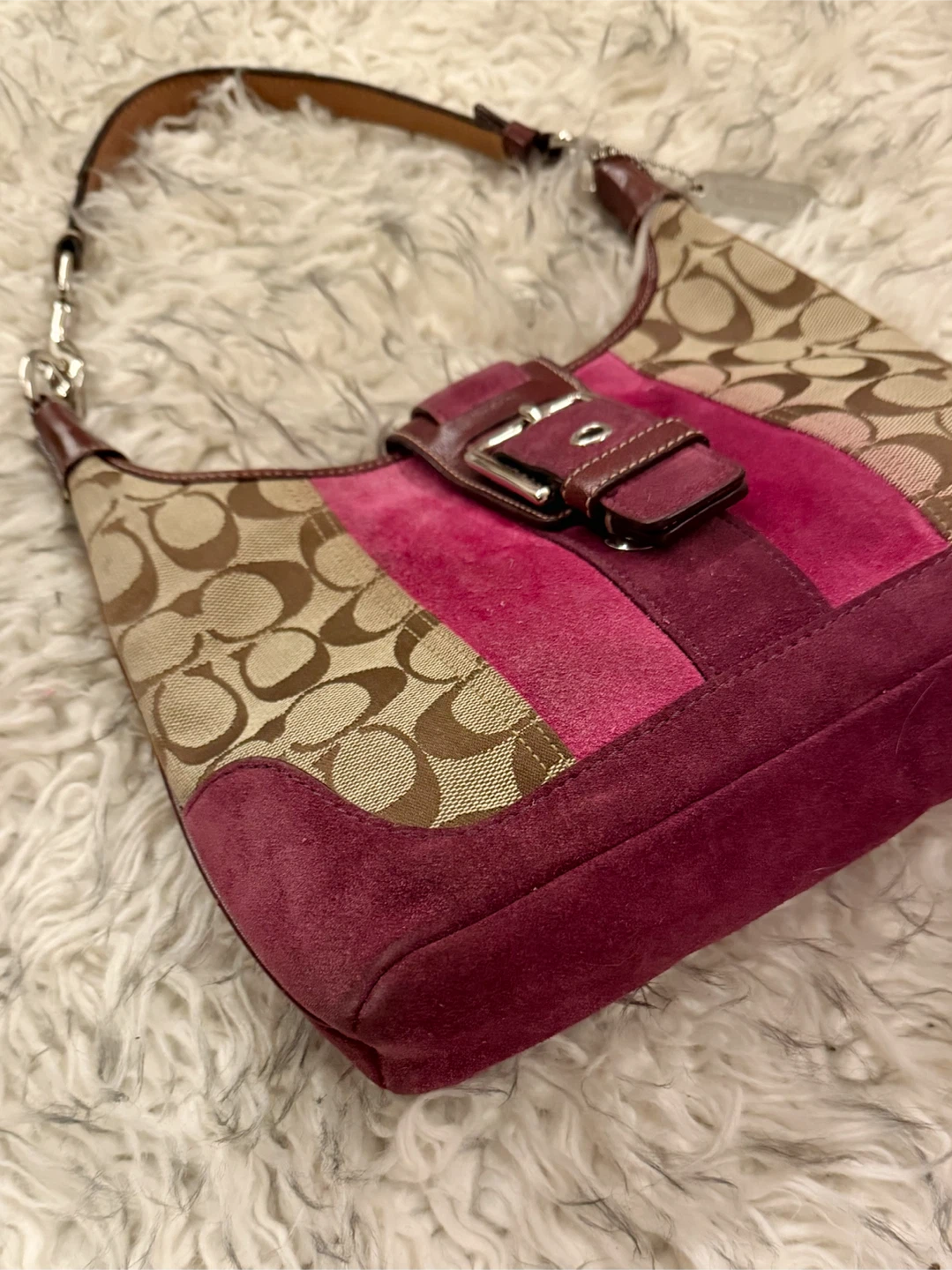 Coach Hobo Signature Suede Shoulder Bag - Raspberry / Khaki - photo 3