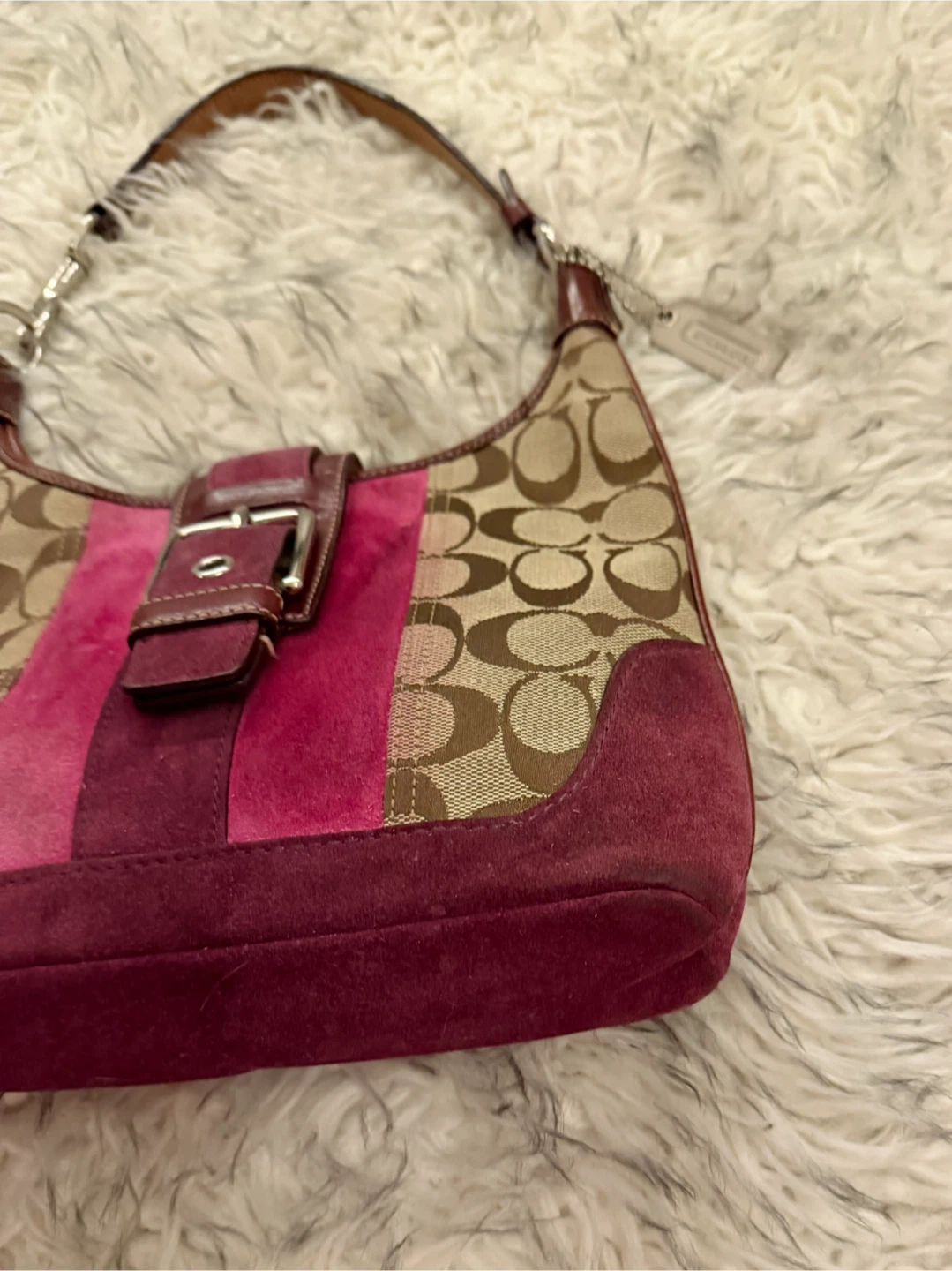 Coach Hobo Signature Suede Shoulder Bag - Raspberry / Khaki - photo 4