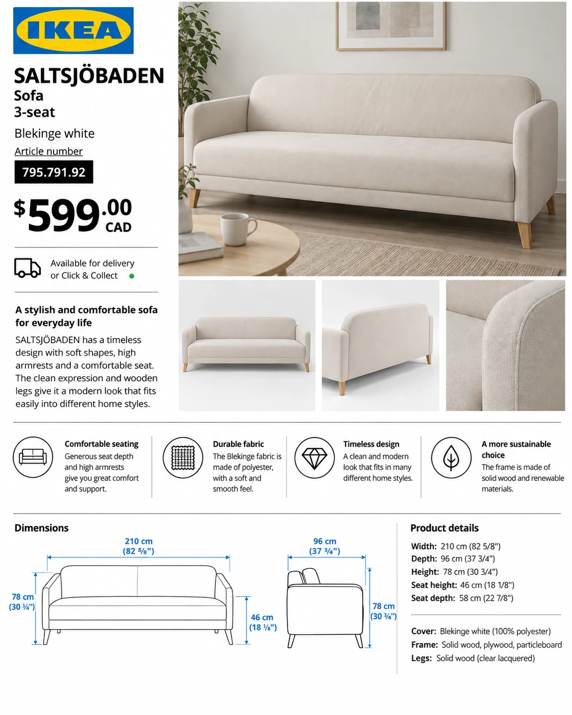 IKEA SALTSJÖBADEN 3-seat sofa in Blekinge white - photo 3