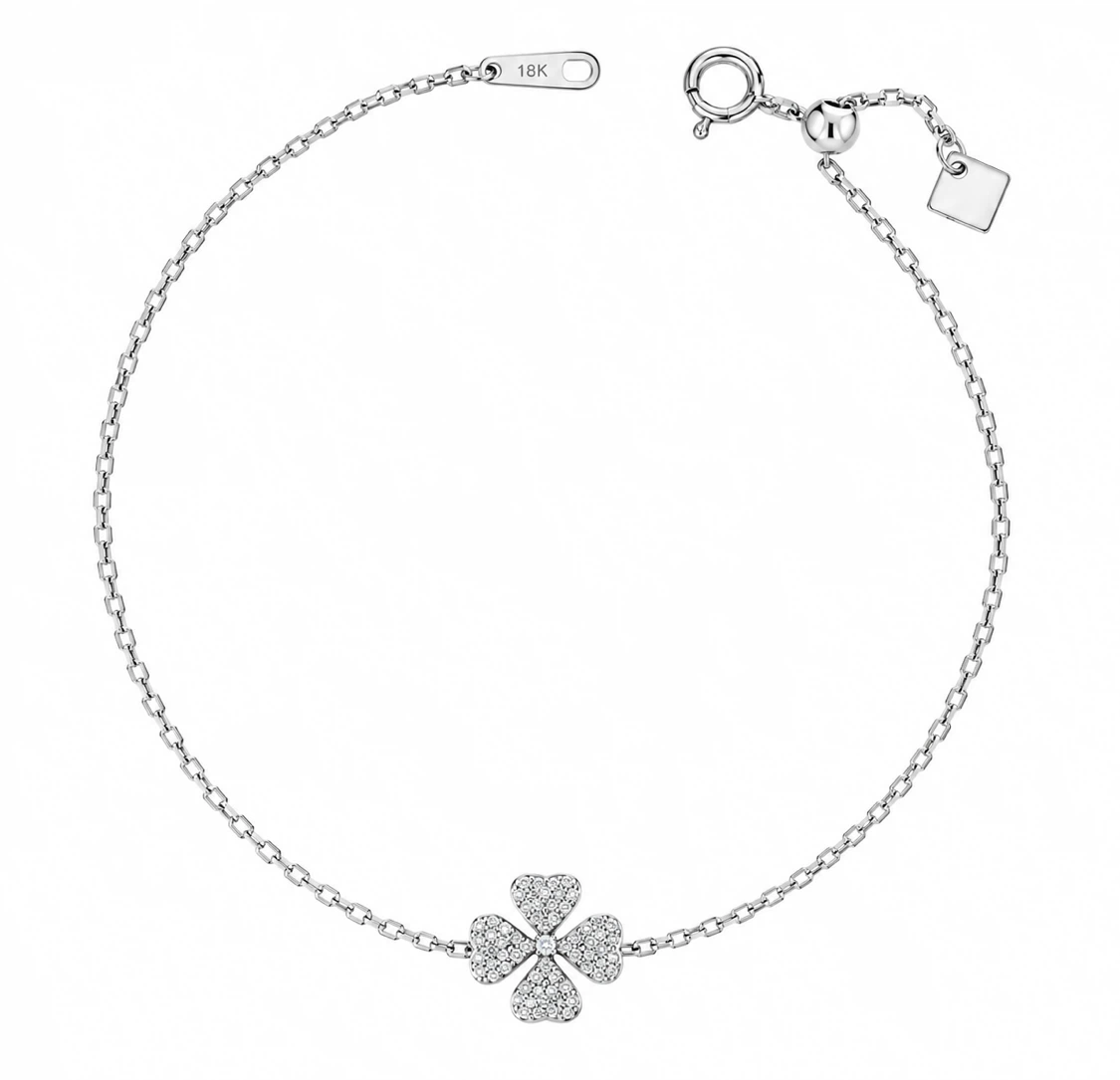 WHITE SOLID GOLD DIAMOND PAVÉ CLOVER FLOWER BRACELET - BRAND NEW