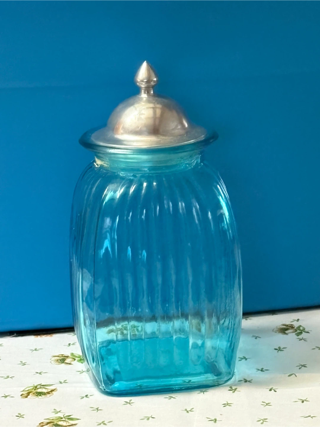 Blue Ribbed Glass Storage Jar with Metal Lid