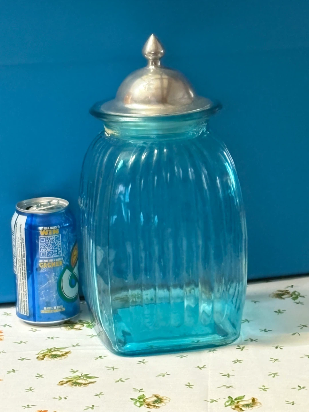 Blue Ribbed Glass Storage Jar with Metal Lid - photo 2