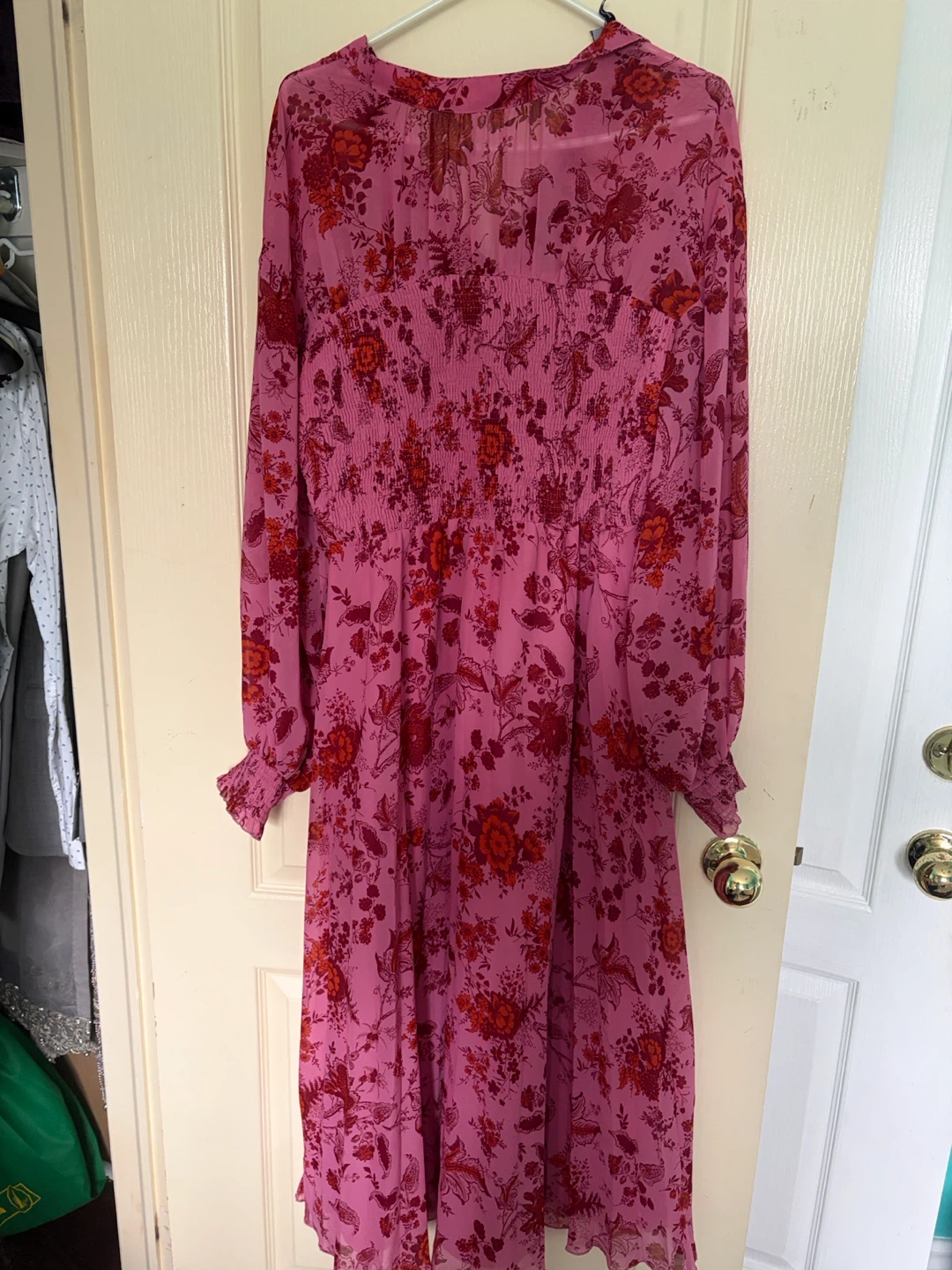 Pink Floral Long Sleeve Midi Dress