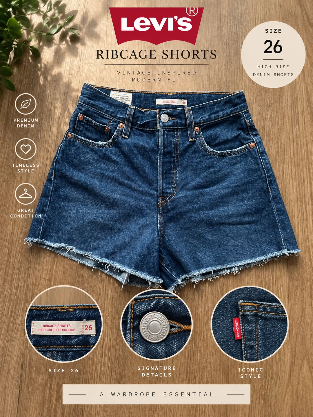 Levi’s Ribcage High Rise Denim Shorts – Size 26