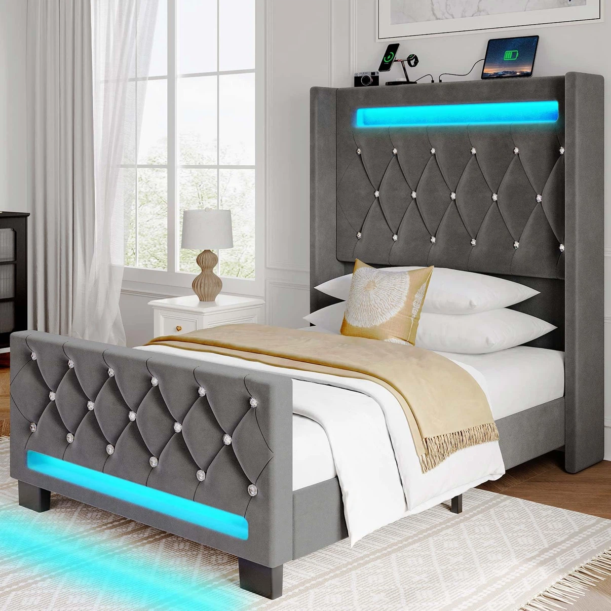 Rolanstar Twin Bed Frame with LED Light and Charging Station