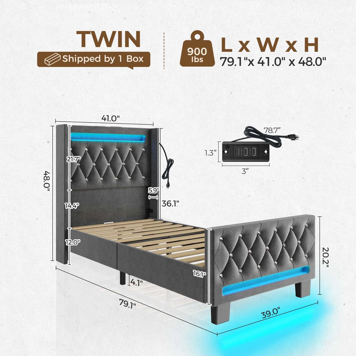 Rolanstar Twin Bed Frame with LED Light and Charging Station - photo 2