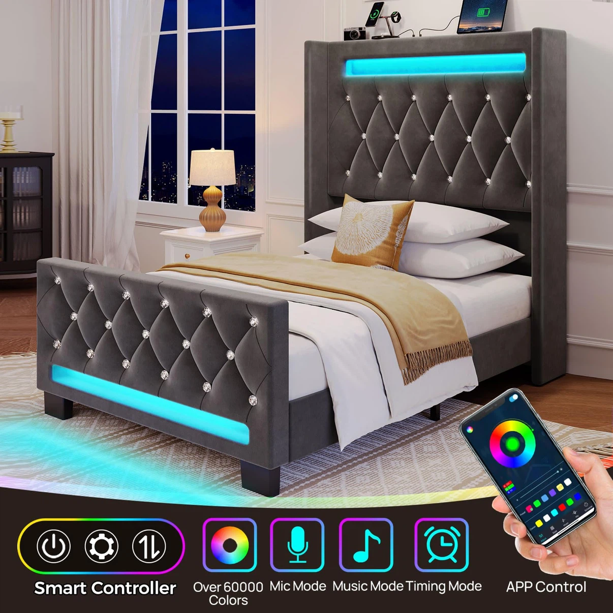 Rolanstar Twin Bed Frame with LED Light and Charging Station - photo 3