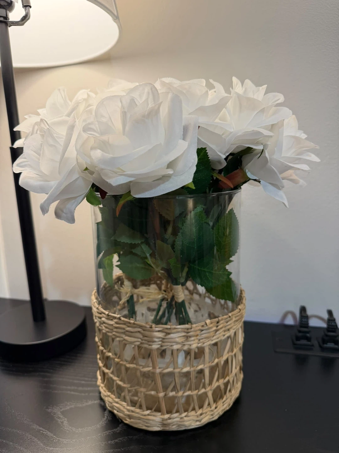 Artificial White Rose Bouquet in Woven Glass Vase