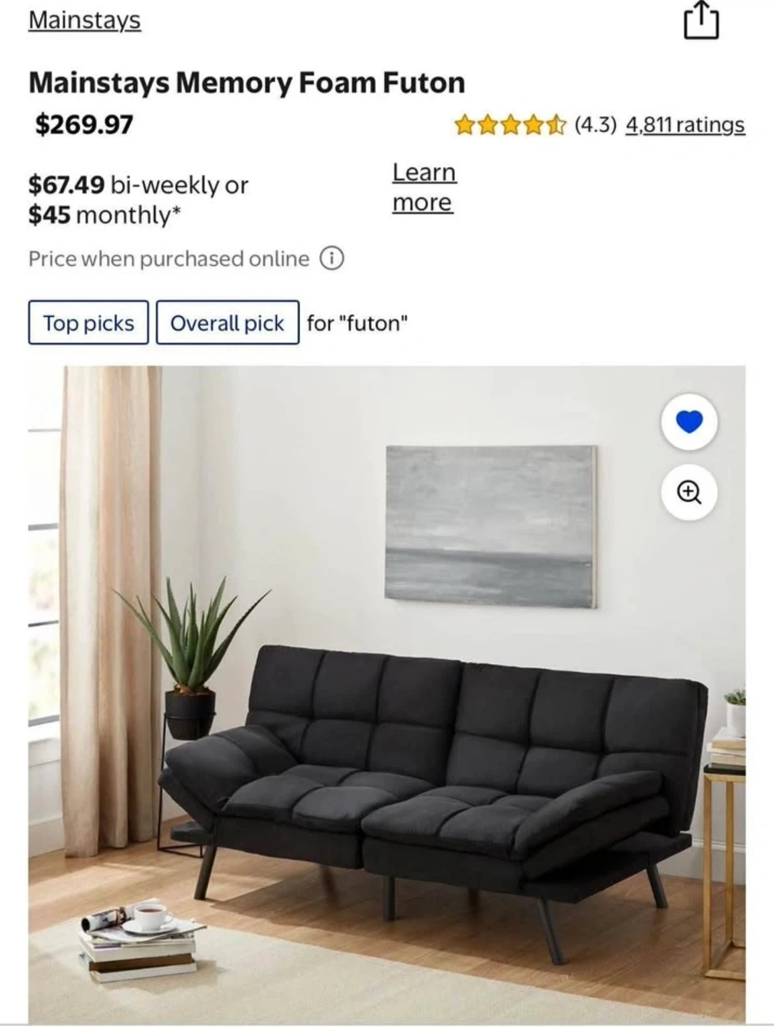Mainstays Memory Foam Futon