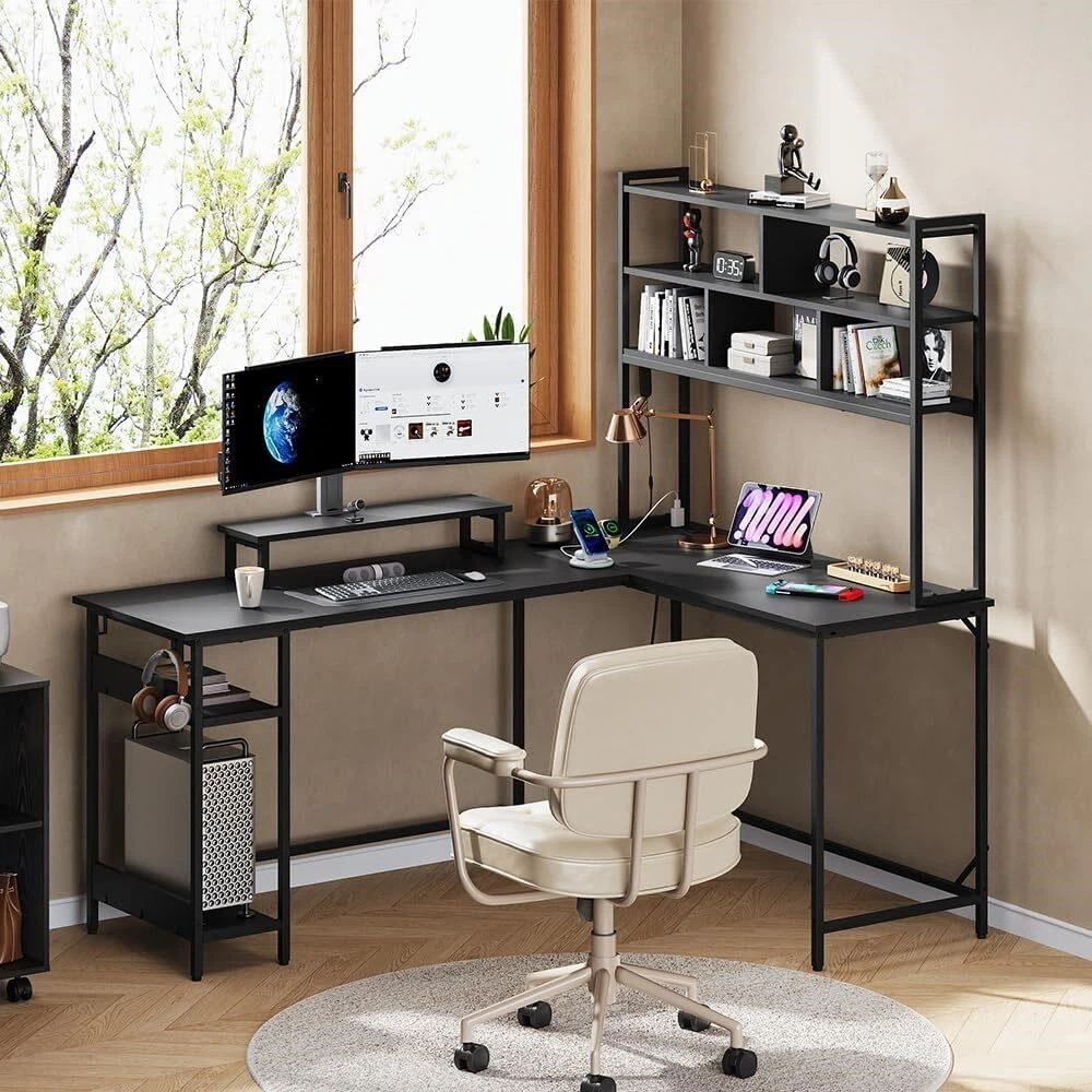 Black L-Shaped Desk with Hutch