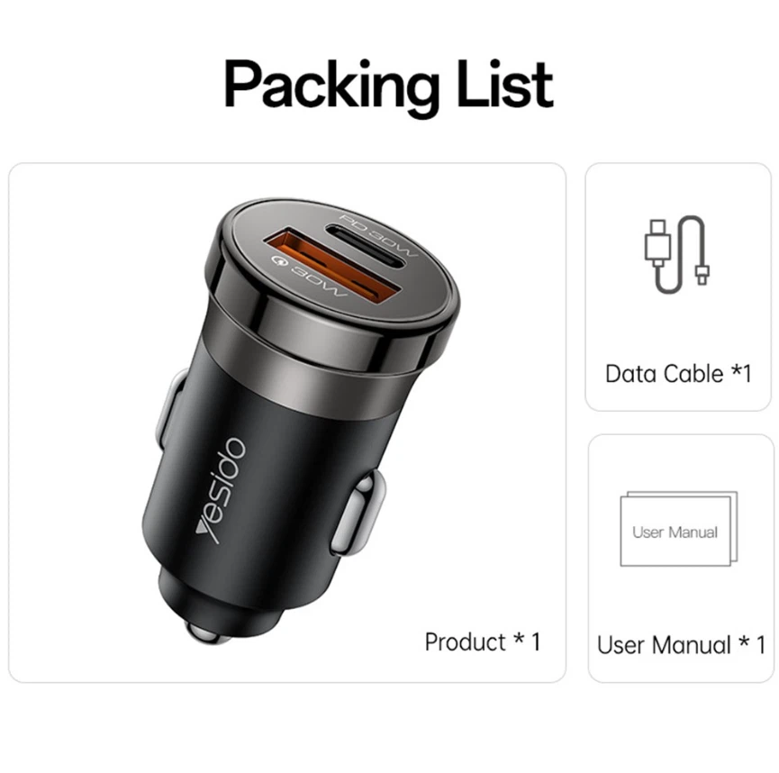 30 watts Super Fast Car Charger Set Yesido Y73 Dual USBA + C - photo 3