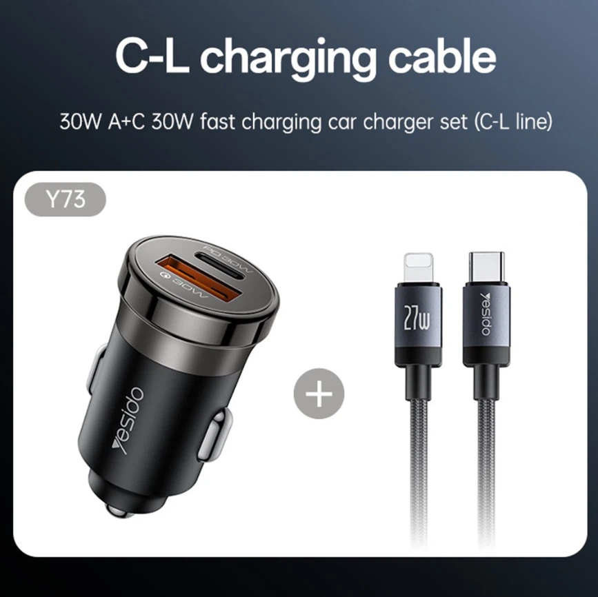 30 watts Super Fast Car Charger Set Yesido Y73 Dual USBA + C - photo 4