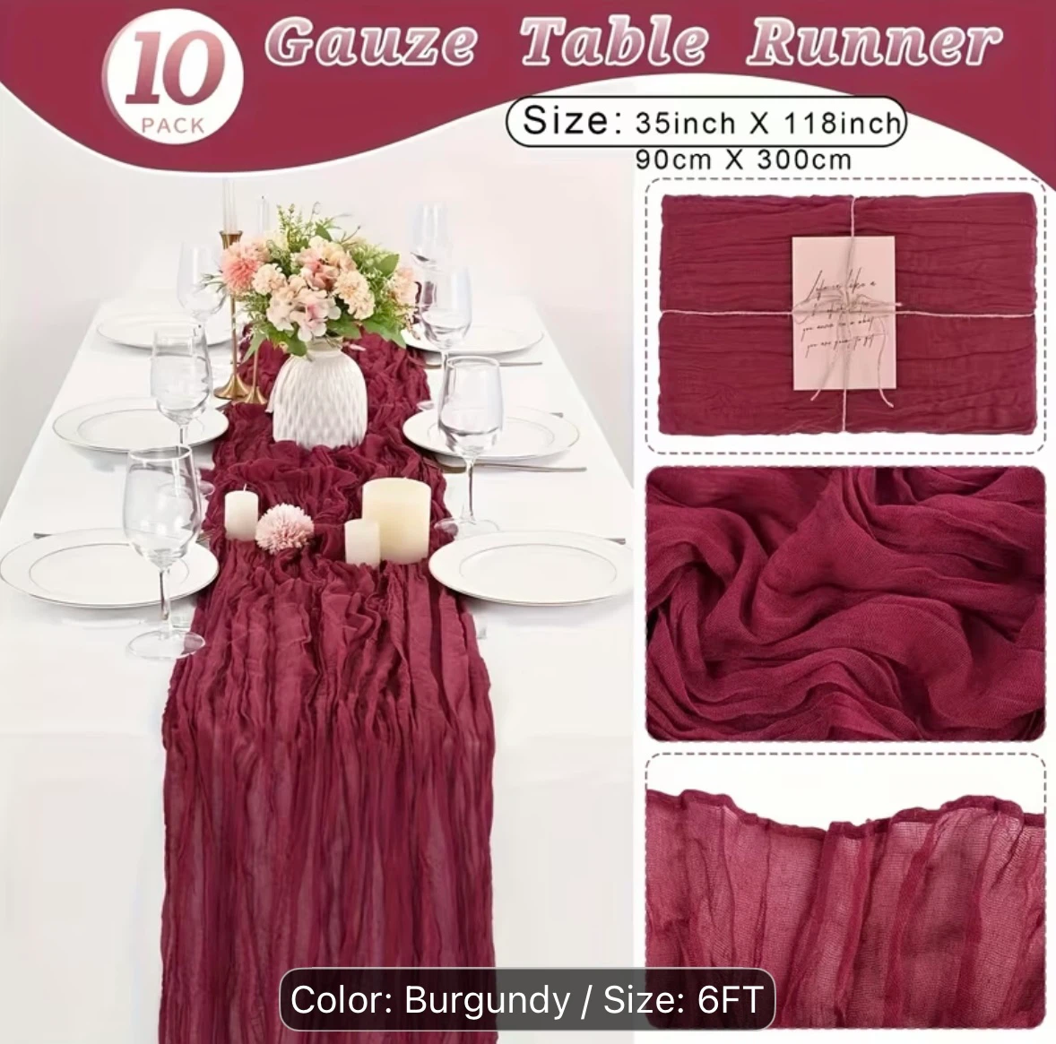 10 Pack Burgundy Gauze Table Runners