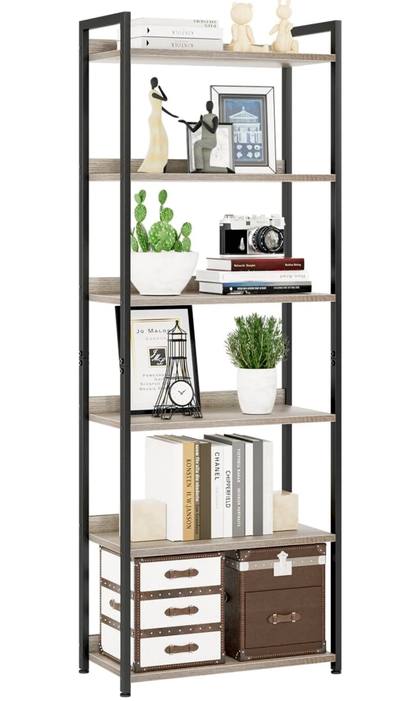 5-Tier Industrial Bookshelf with Adjustable Feet