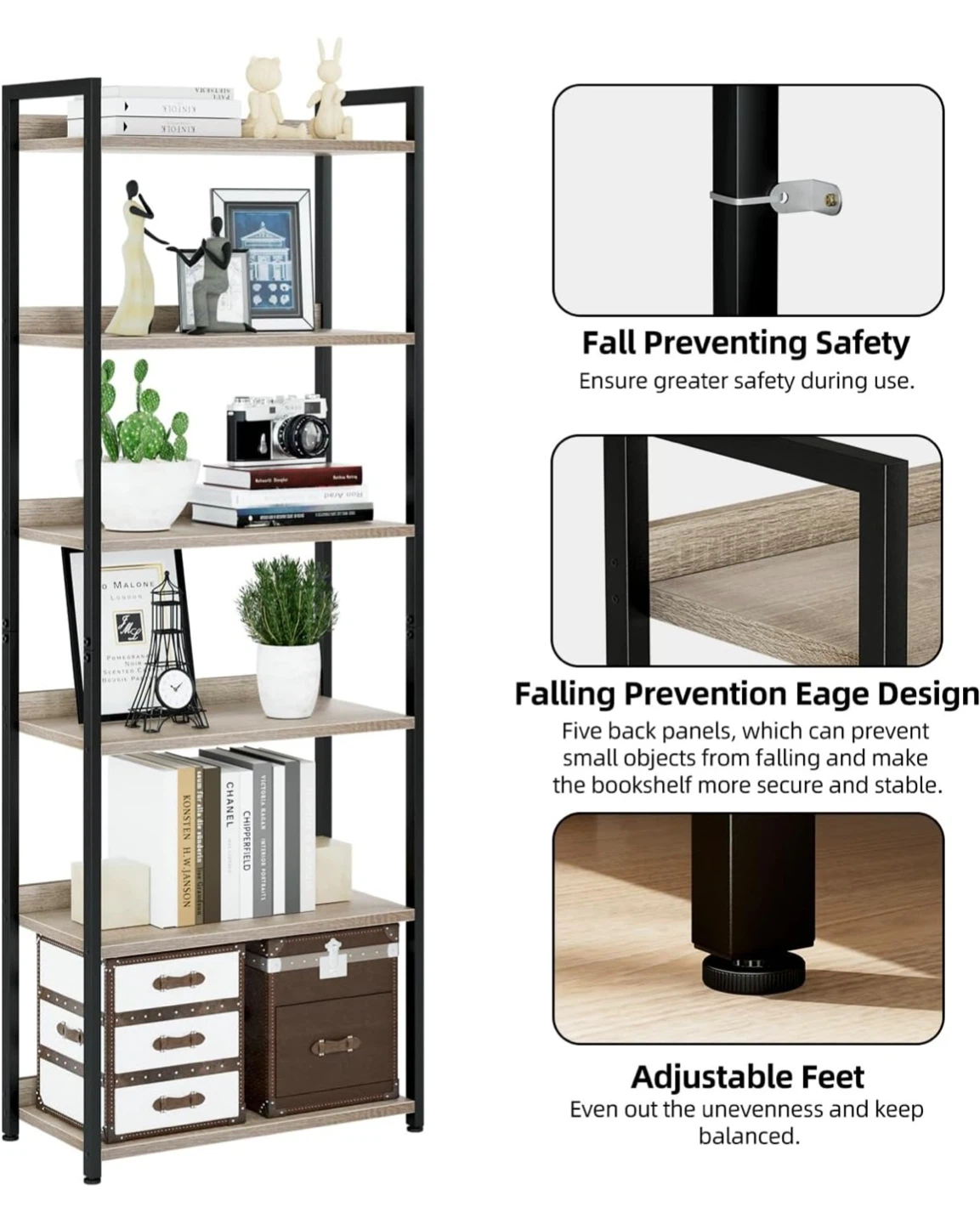 5-Tier Industrial Bookshelf with Adjustable Feet - photo 4