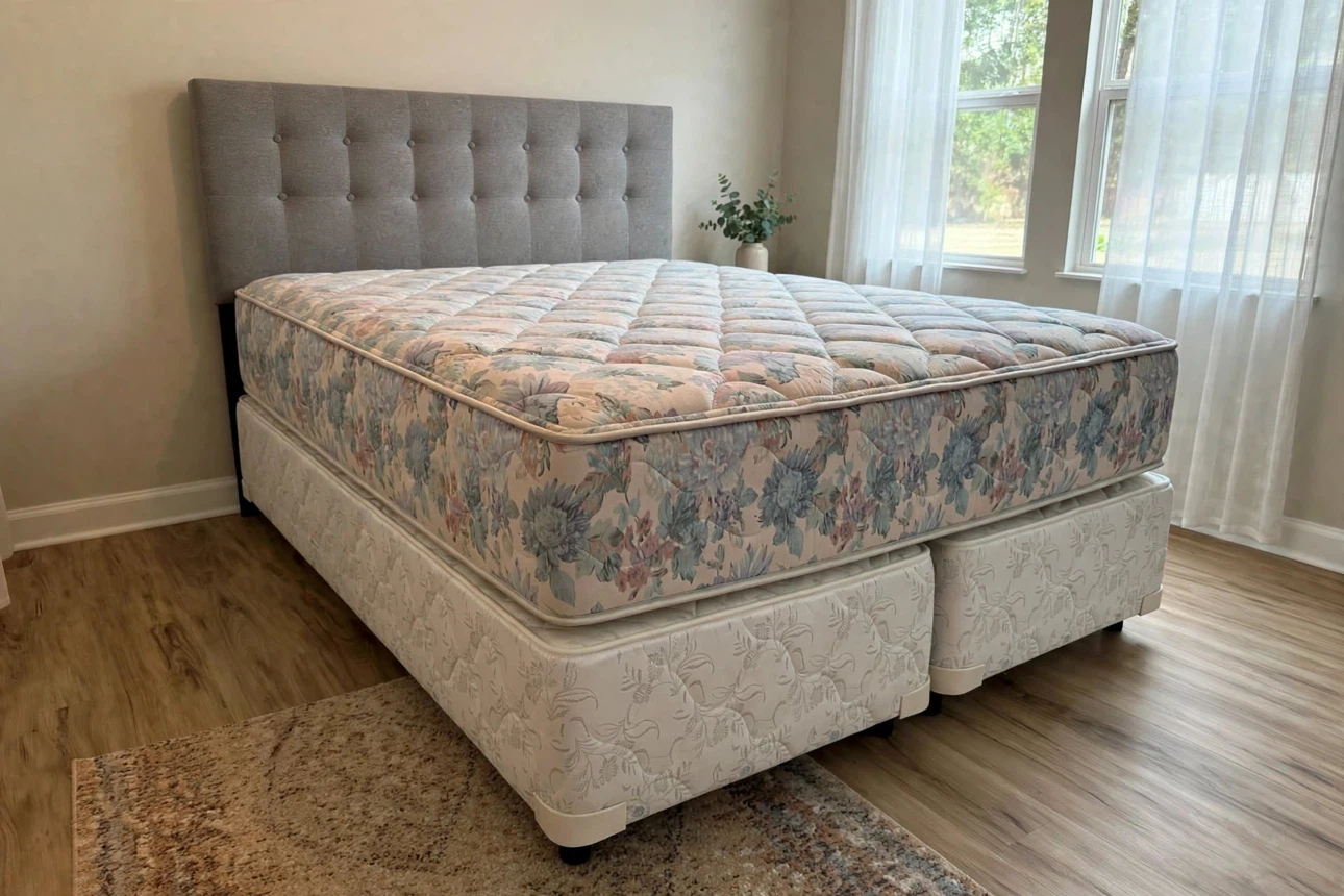 KING SIZE Bed Set - Grey Headboard, Box Spring, Frame & Mattress