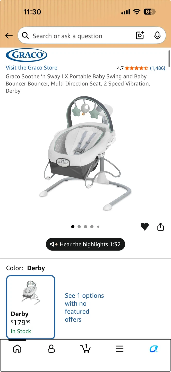 Graco Soothe 'n Sway LX Portable Baby Swing - Derby