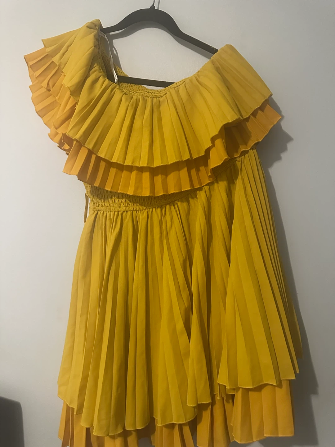 Yellow Pleated Off-Shoulder Dress