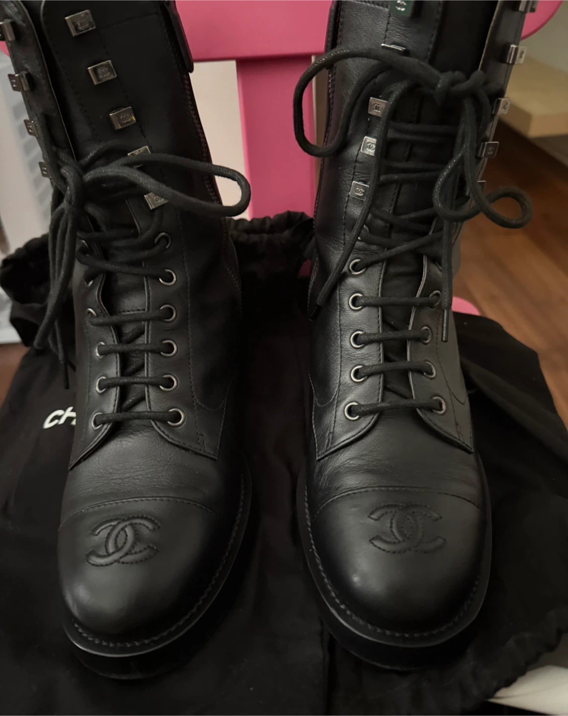 Chanel Black Lace-Up Boots