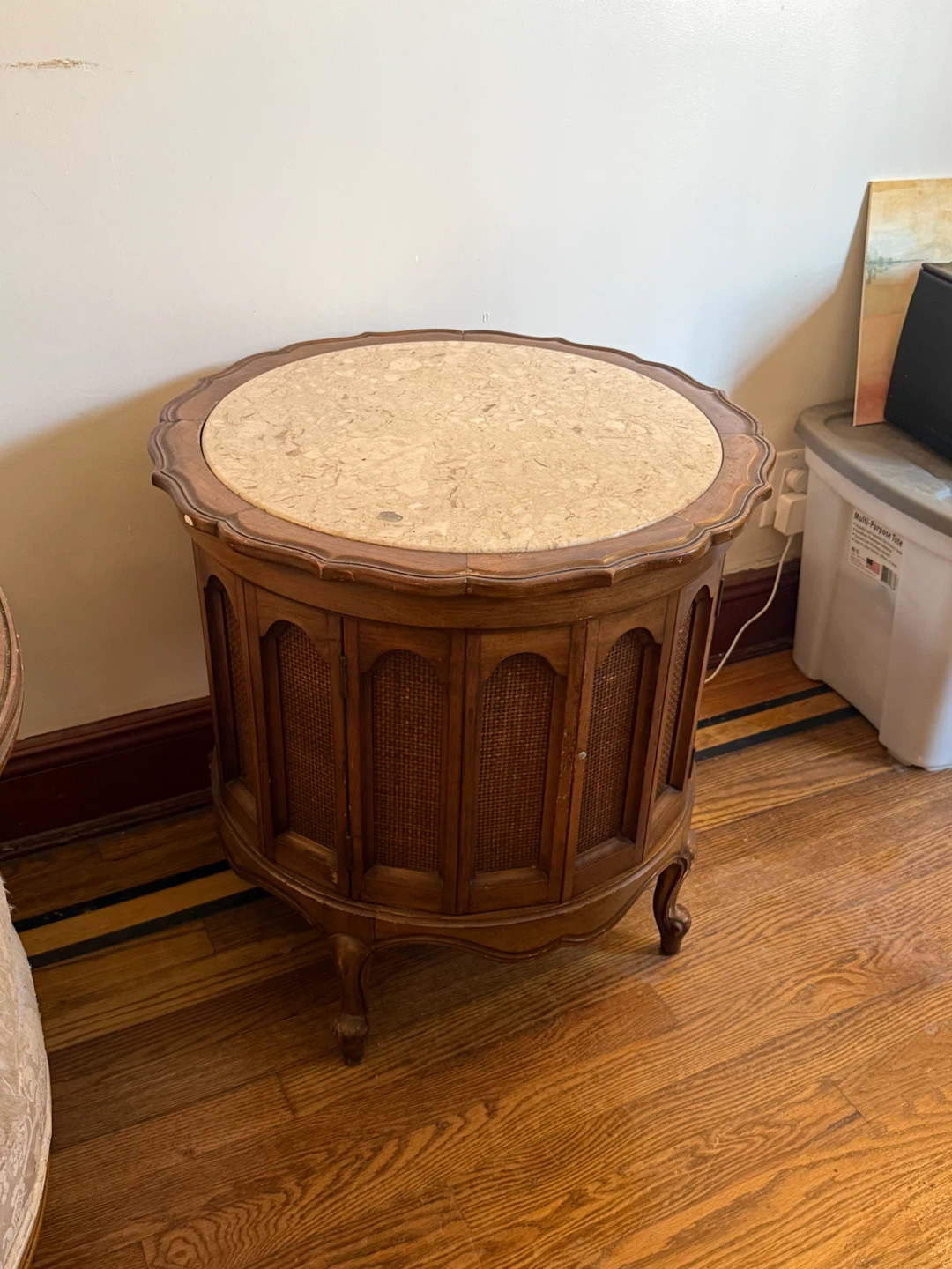 Vintage Wooden Side Table with Cane Accents