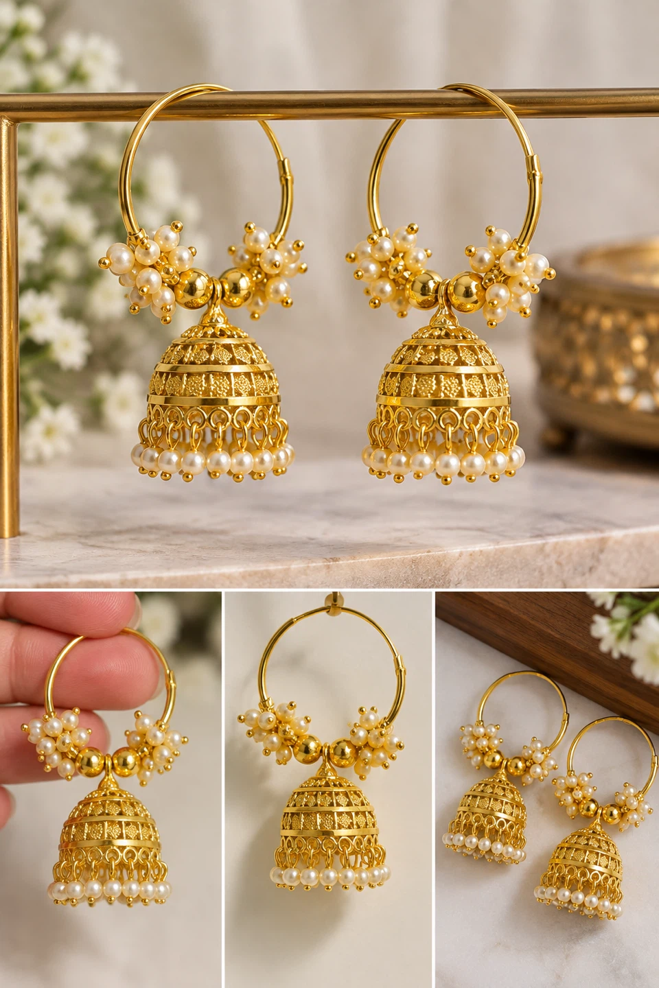 Gold Jhumka Earrings with Pearls