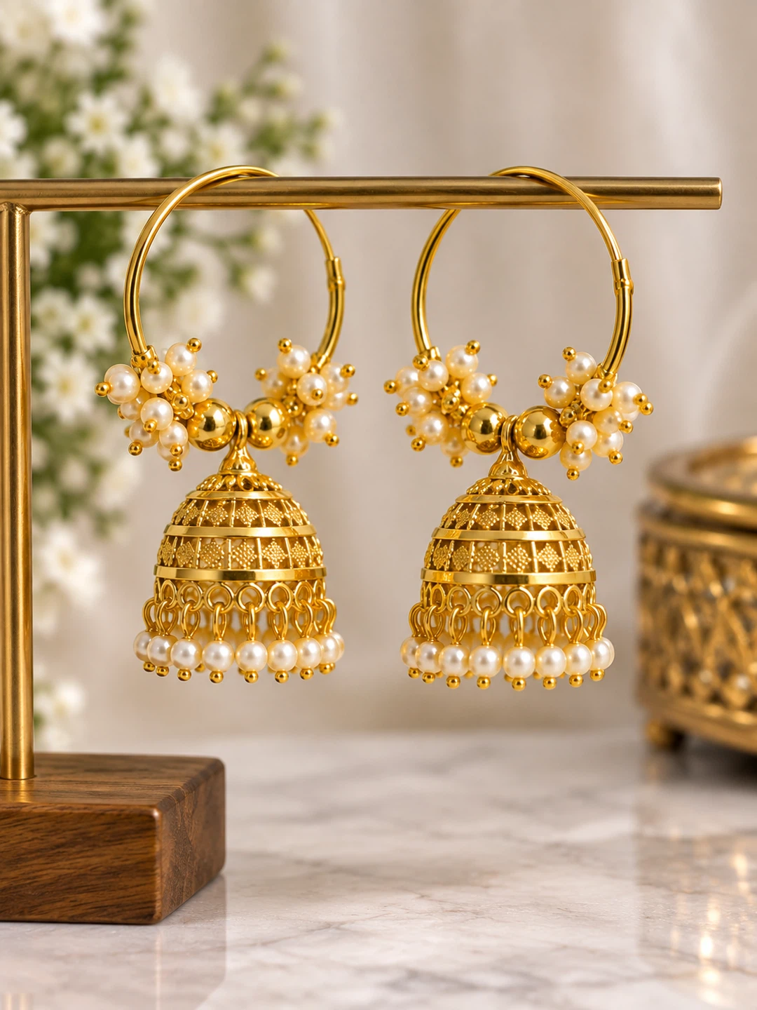 Gold Jhumka Earrings with Pearls - photo 2