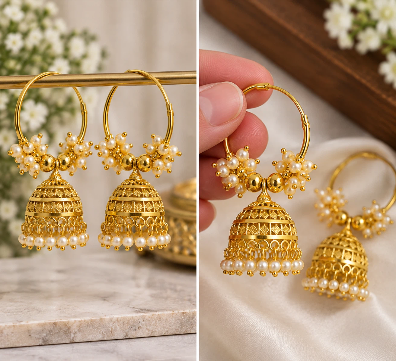 Gold Jhumka Earrings with Pearls - photo 3