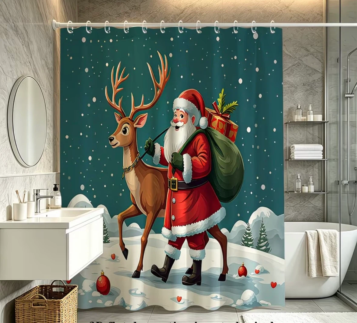 New Stock - Christmas Santa and Reindeer Shower Curtain