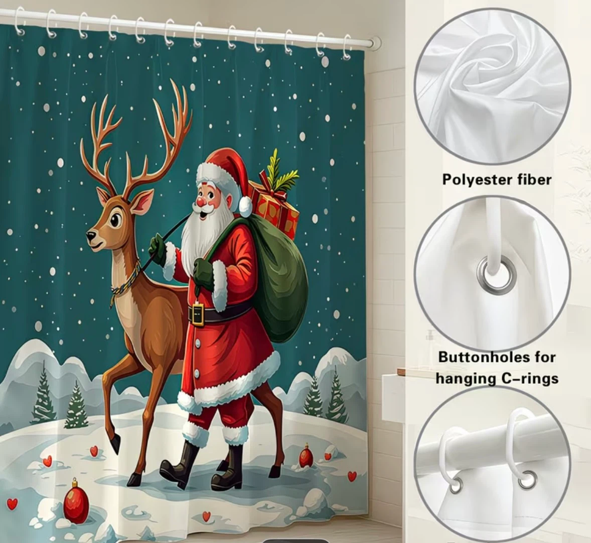 New Stock - Christmas Santa and Reindeer Shower Curtain - photo 2